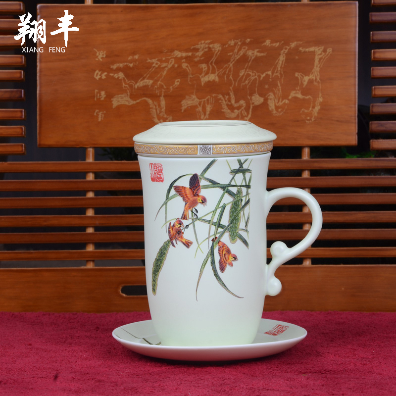 Xiang feng ceramic cups water glass tea set office meeting cup men 's and women' s blue and white porcelain filtering with cover
