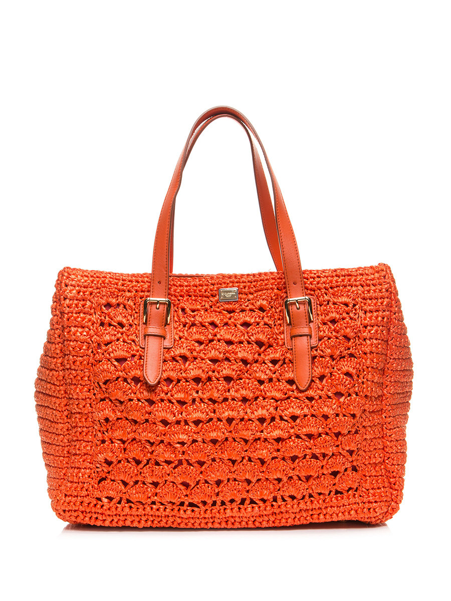 Dolce&Gabbana 橙色镂空编织拼羔羊皮手提包