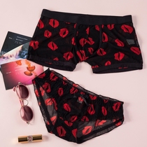 Red lip mesh hollow sexy underwear women transparent ultra-thin low waist girl breifs Lady thin couple seduction