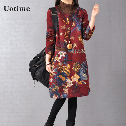 Uotime2015冬装新款韩版大码女装宽松长袖中长款棉麻连衣裙加绒女
