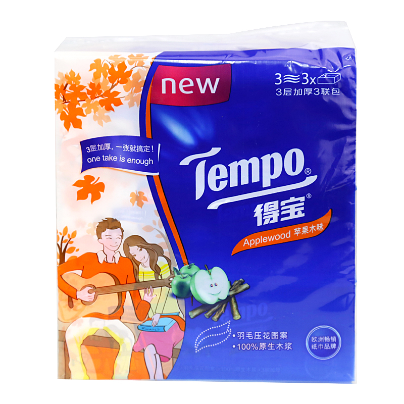 得宝Tempo纸巾 软抽面巾纸苹果木味餐巾纸90抽/包 1提3包