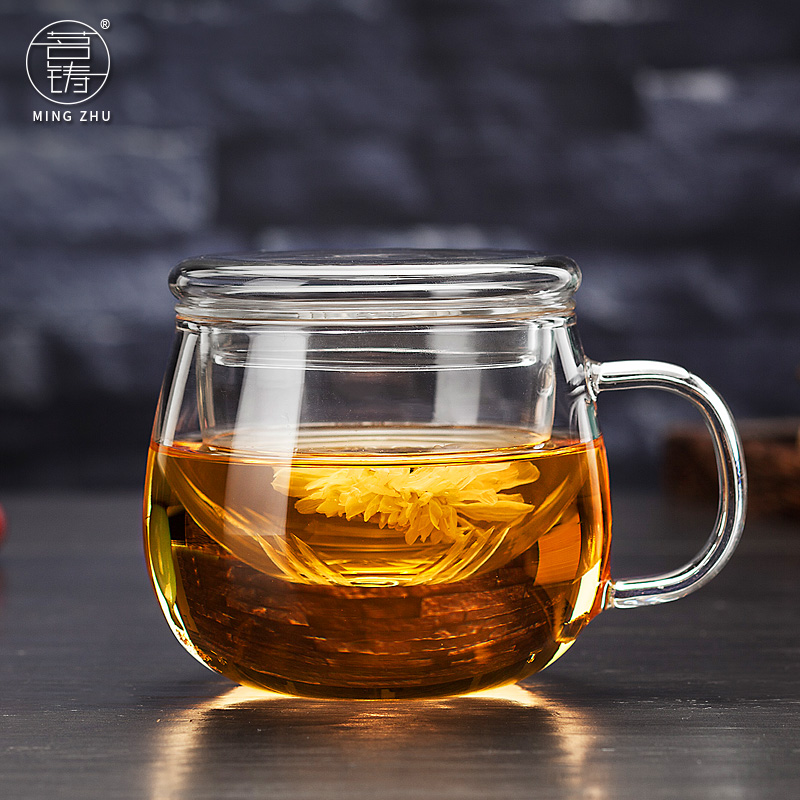 Round dew three-piece cup thickened heat-resistant glass with lid Filter cup Flower tea cup Transparent round fun tea cup