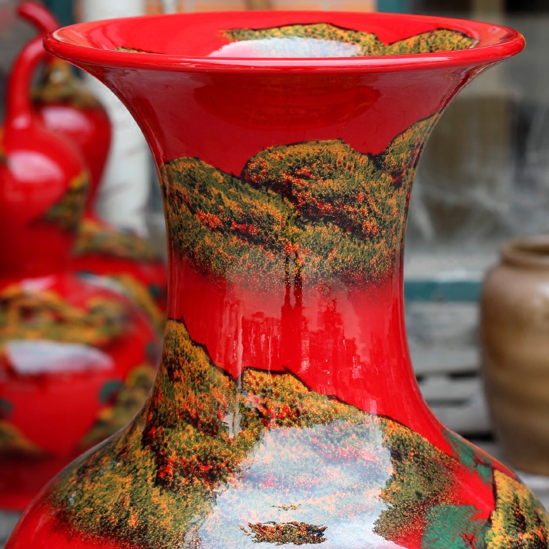 China jingdezhen ceramics high temperature red large vase hand - made landscape painting gourd porcelain decorative furnishing articles