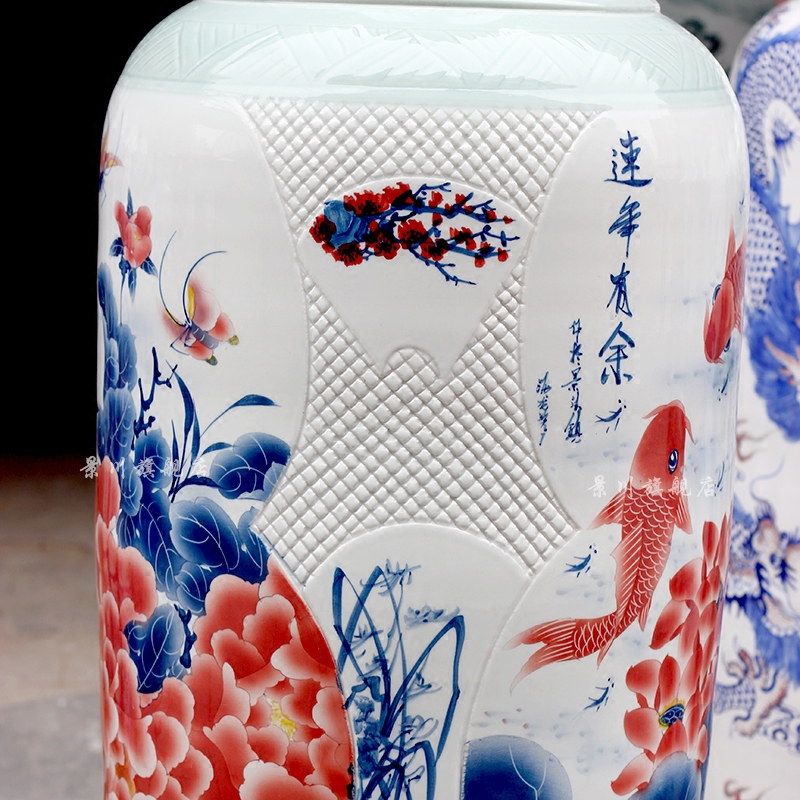 Hand made peony lotus carving shadow blue fish large vases, jingdezhen ceramics hotels sitting room large furnishing articles