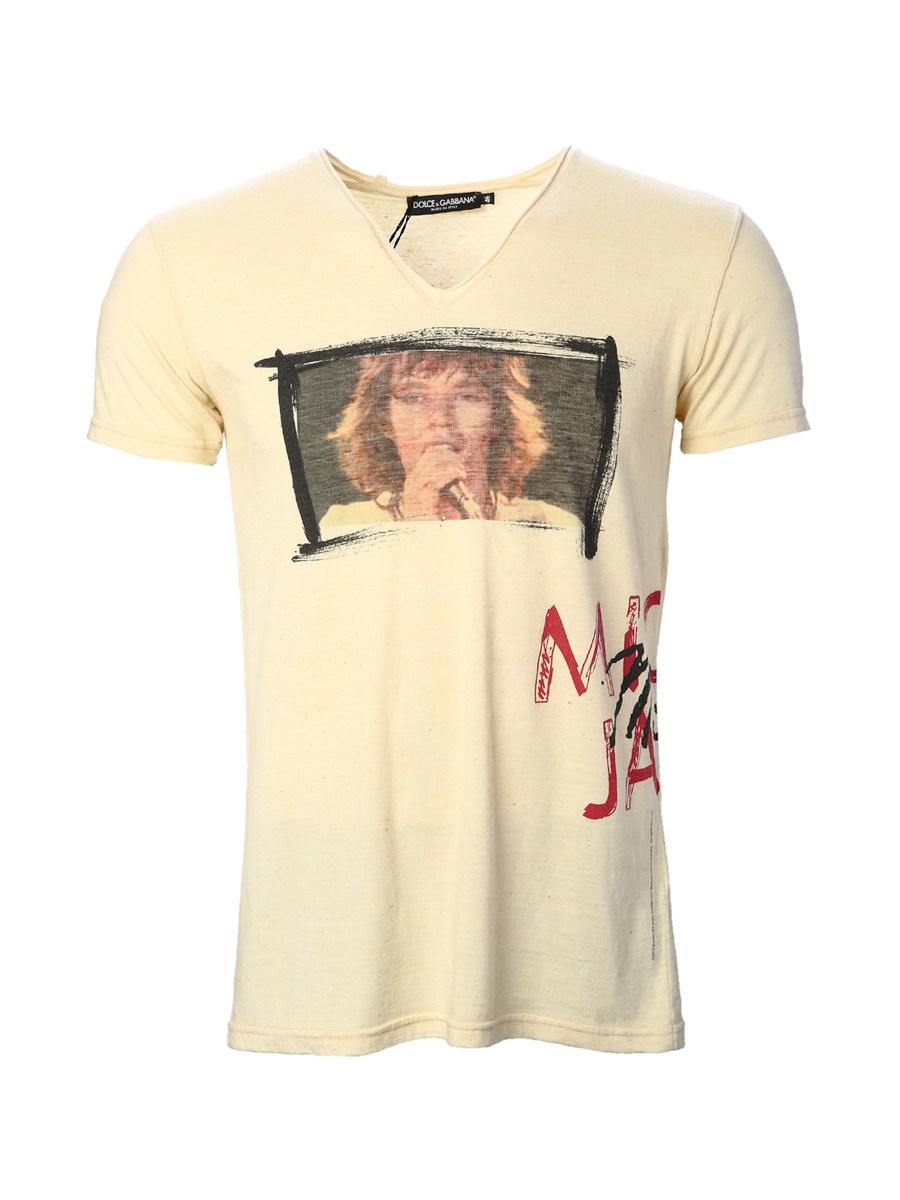 Dolce&Gabbana 米黄色V领人像字母印花饰短袖T恤