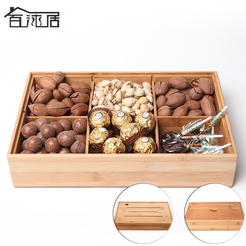 竹木创意干果盒碟六分格带盖欧式水果盘收纳盒糖果盒零食盘包邮