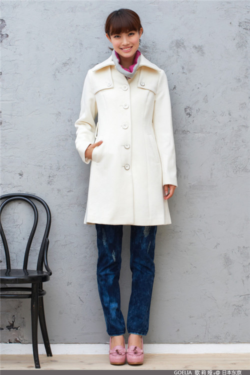 TH Women's Winter Single Breasted White Long Slim Fit Wool Coat Wearable Belt Wool Coat