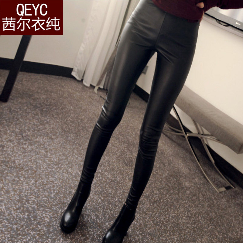 Long pants high waist tight fabric imitation leather pants wear thin bright glossy underwear slim women's pants Black