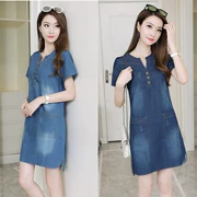 Kích thước lớn denim váy mùa hè 2017 mới của Hàn Quốc phiên bản của phần dài Slim mỏng vòng cổ denim váy một từ váy thủy triều