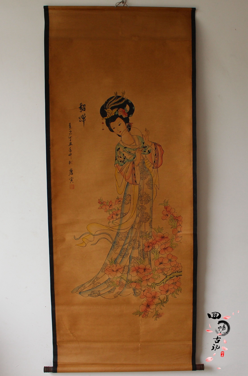 中国古美術・字画三尺仕女人物掛軸・水彩画・唐寅印款・書道品