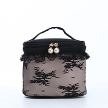 New Black Lace Carry-on Makeup Bag Tubby Lace Lace Pearl Decoration Mid-Size Makeup Bag
