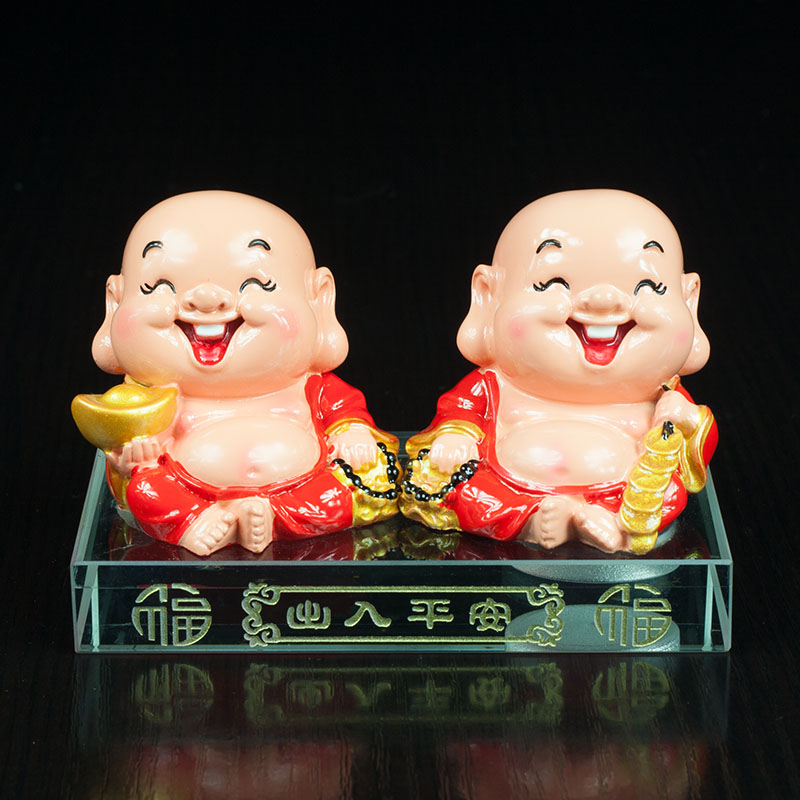 Q版招财双佛弥勒佛汽车香水座 彩陶可爱笑佛新款车载车用香水摆件