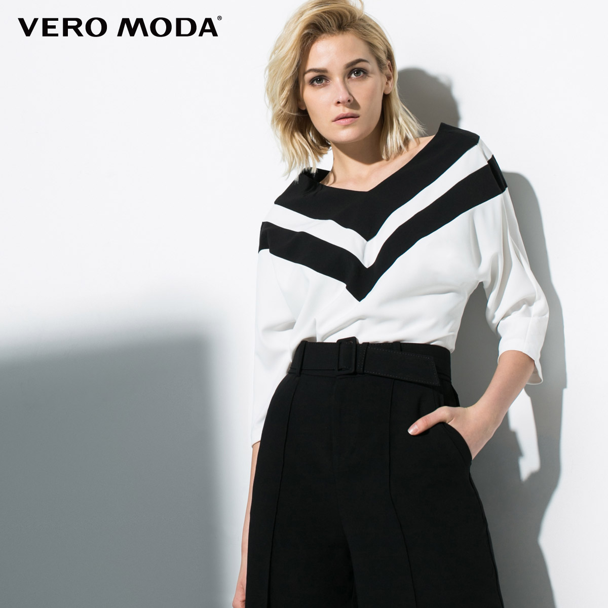 用券满减Vero ModaV领落肩七分袖宽松海军风女T恤|316158007