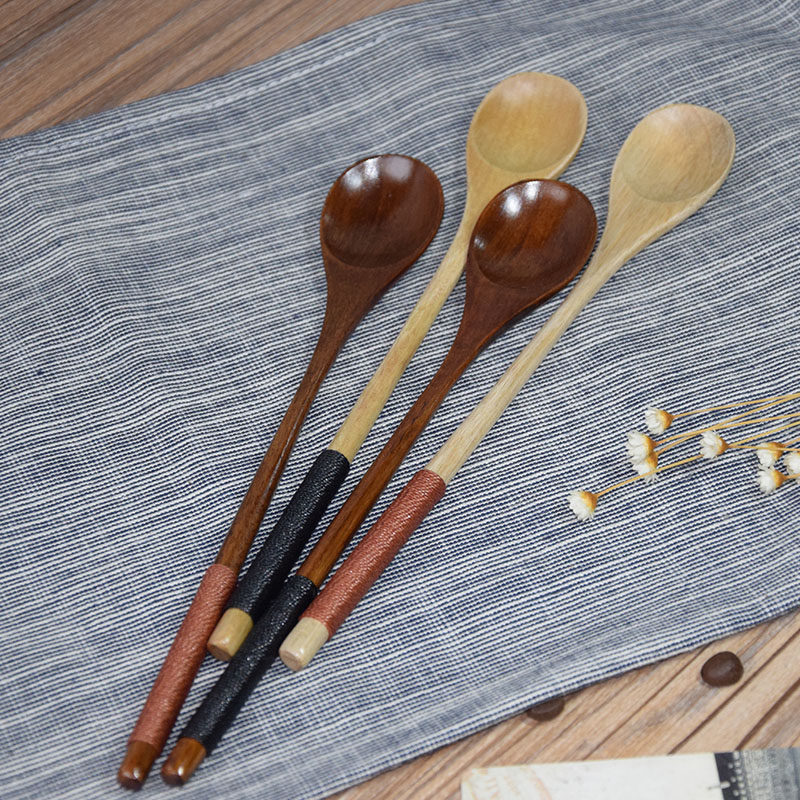 Creative Long Handle Coffee Spoon Stir Spoon Day Style Tangle Wire Wood Spoon Soup Spoon ZAKKA Wind Solid Wood Cutlery Cutlery