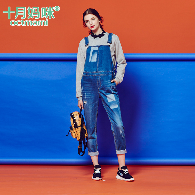 十月妈咪 孕妇背带裤 秋冬装孕妇裤牛仔裤长裤子 时尚休闲托腹裤