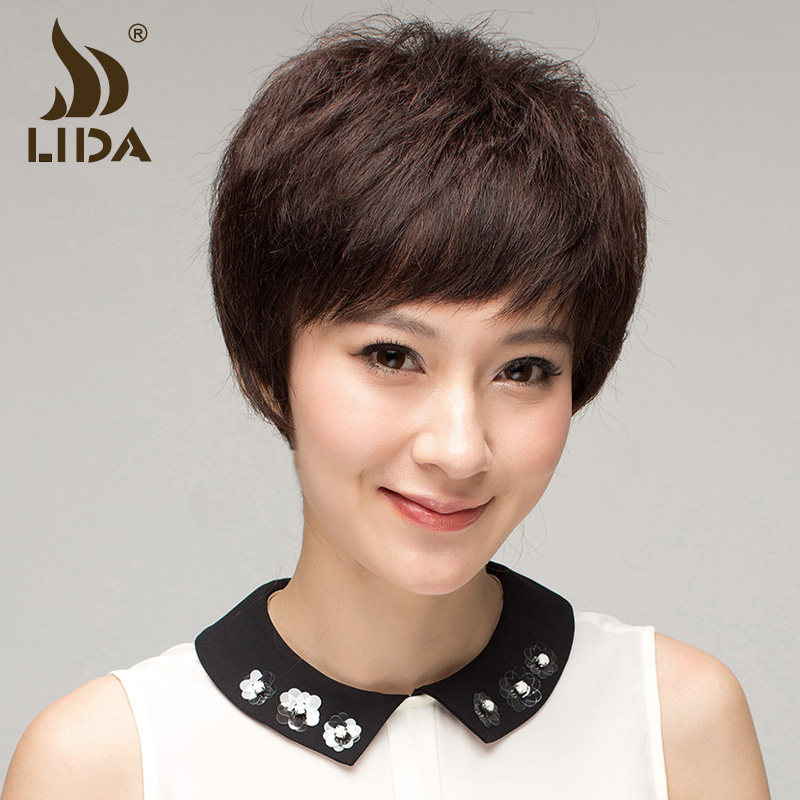 利达 真发假发 女 短发 短直发 妈妈假发 短假发 中老年假发发型