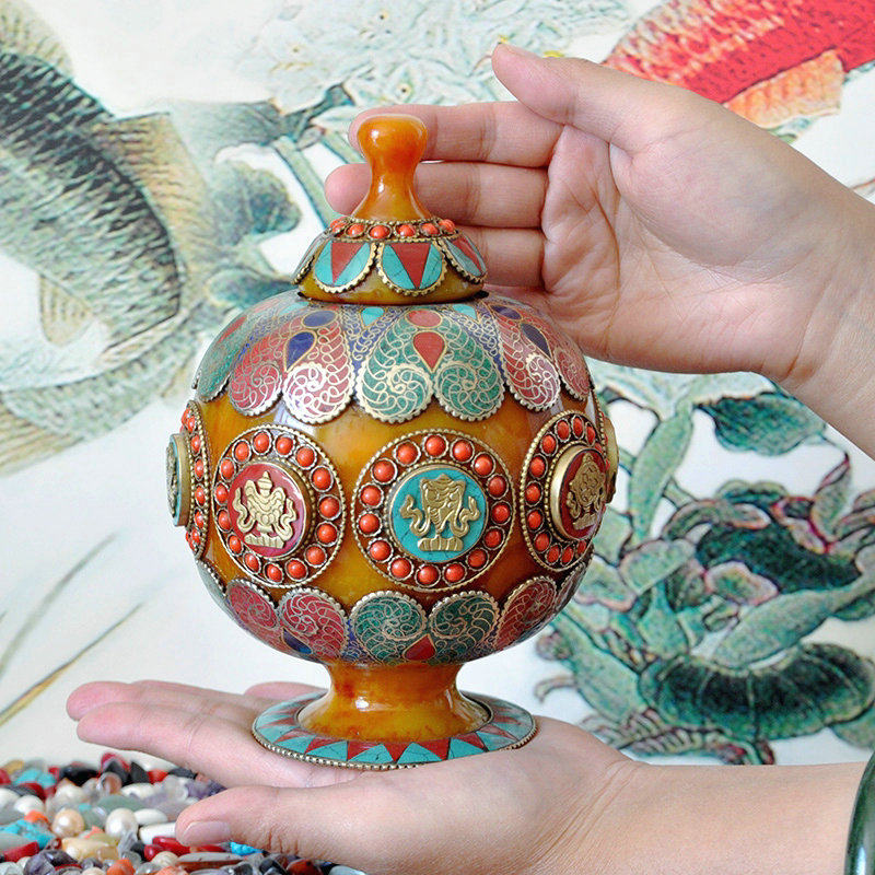 Nepal Imitation Honey Wax Bronze Pinched 8 auspicious Treasure Bottle treasure Treasure Bottle Dragon King Treasure Bottle Rice Box High 17 5cm