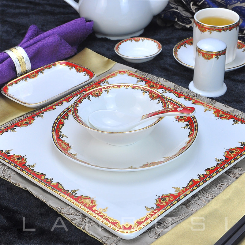 Star hotel tableware tableware ceramic bone china model room set hotel catering rice bowl large plate soup spoon teacup