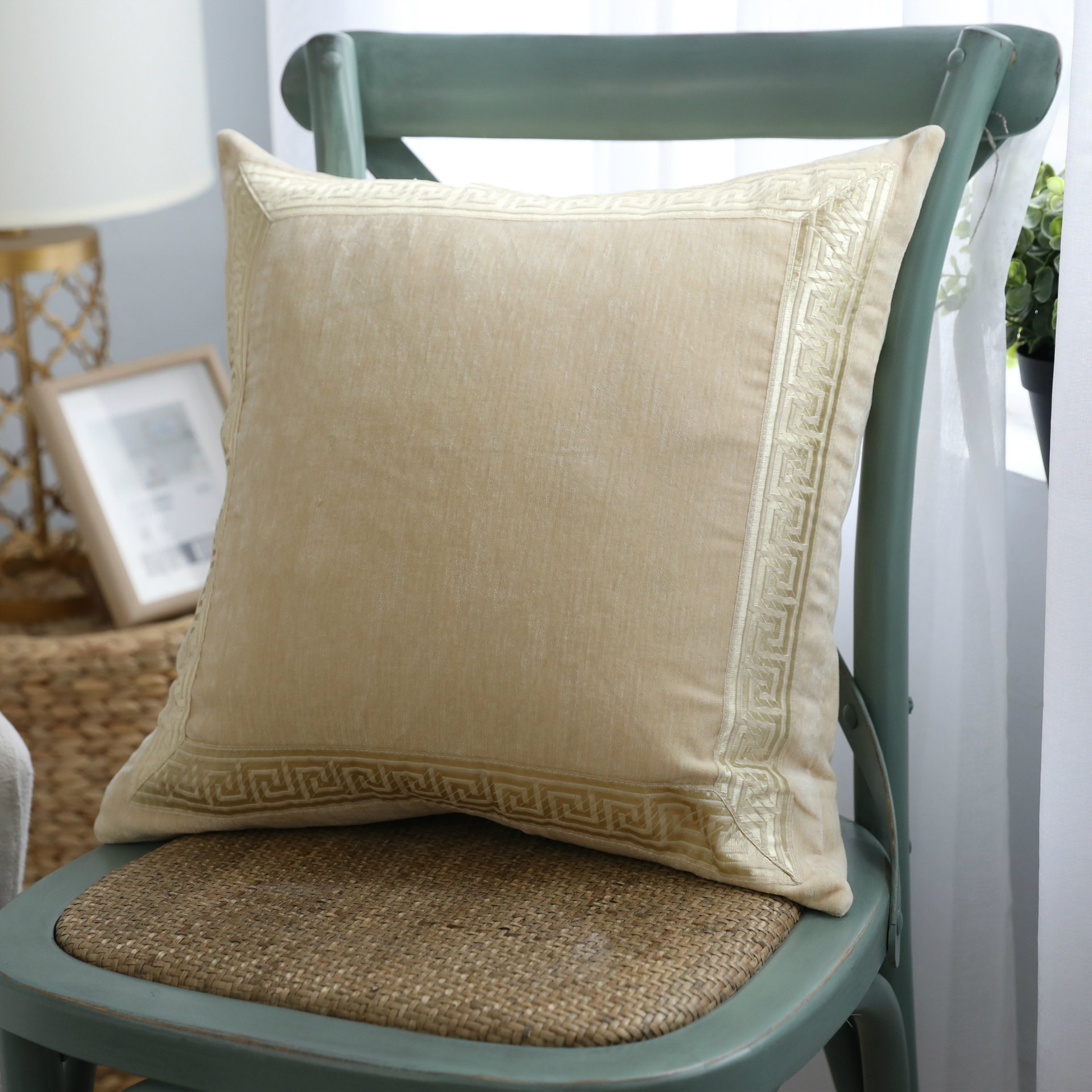 Embroidered beige velvet pure color minimalist with pillow modern plush sofa cushions bed with pillow sofa pillowcase