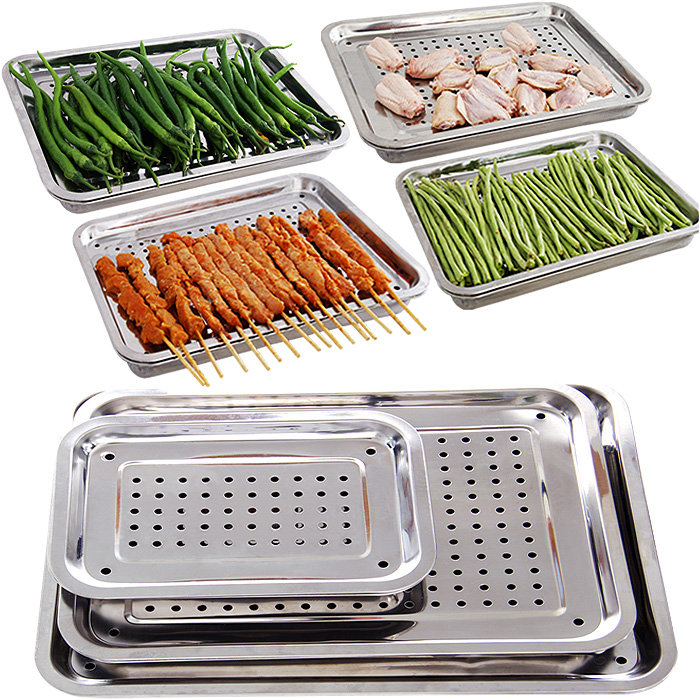 Rectangular Thickened Stainless Steel tray Barbecue Plate Kitchen Dinner Plate Double Layer Can Drain with plate Sub-cutlery tray