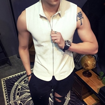 Summer mens sleeveless T-shirt Sports and leisure thin vest Fitness Trendsetter stand-up collar jacket Slim-fit sleeveless vest men
