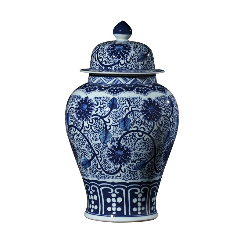 Jingdezhen blue and white porcelain ceramic vase put lotus flower general grain tank Chinese style living room TV cabinet storage tank furnishing articles