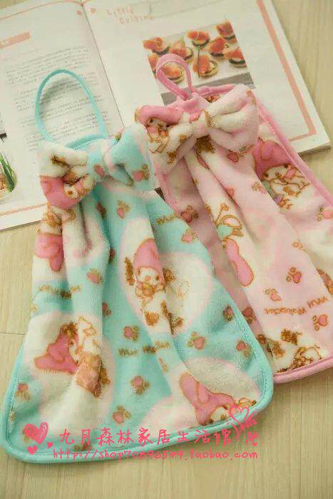 Pink Melody Pink Rabbit Bow Strawberry Coral Velvet Melody Hand Towel Hangable
