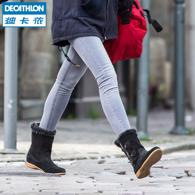 迪卡侬 冬季 女式雪地靴子 牛皮中筒靴短靴加毛加厚款NEWFEEL D