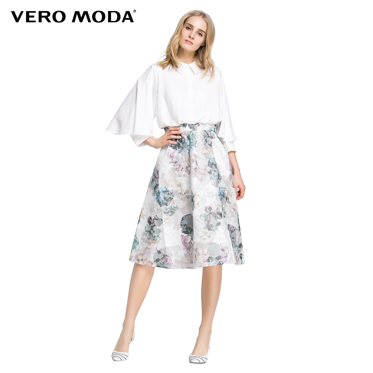 Vero Moda七分袖高腰A摆印花长款连衣裙|31617C021