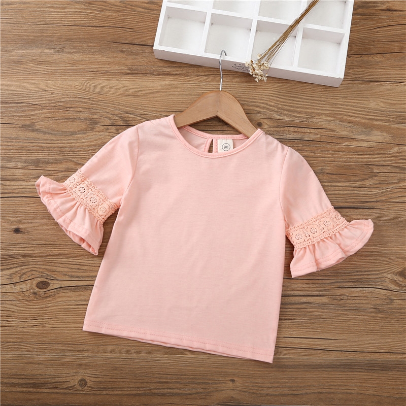 2018 girls' new 3T-shirt summer cotton 5 fashion bottoming shirt trumpet sleeve children's top lace comfortable and breathable