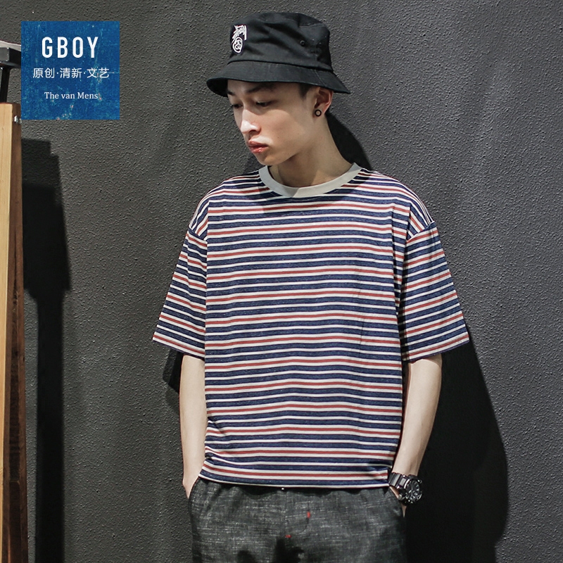 GBOY夏季短袖T恤男潮流日系宽松条纹百搭半袖体恤青年圆领短tee