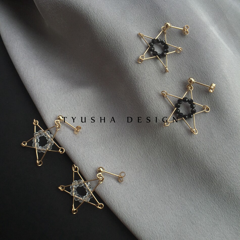 TYUSHA Stars Control 14K Note Gold Baukin Natural Black Tip Crystal White Crystal Pentagram Earrings Earrings Super Ocean-Taobao