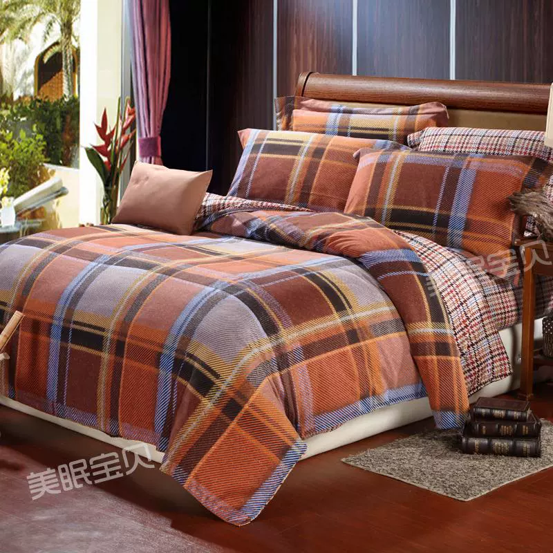 Bộ chăn ga gối hai mặt bốn mảnh bằng vải bông màu chải và bông vải sang trọng - Bộ đồ giường bốn mảnh