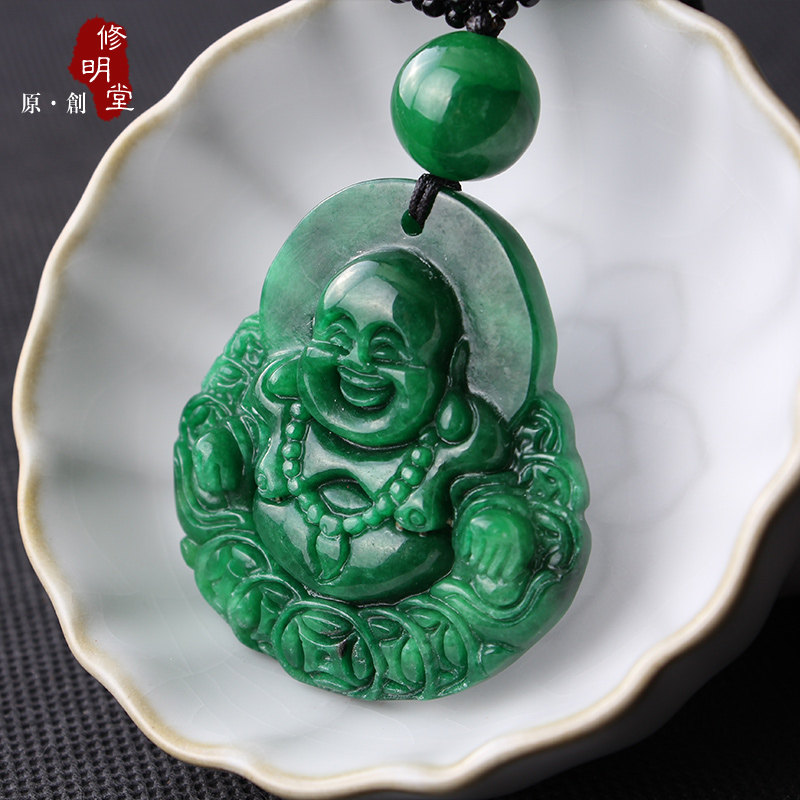 包邮帝王绿满色翡翠干青铁龙生 大肚弥勒 翡翠玉佩 项链吊坠挂件