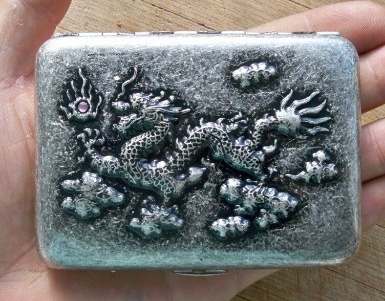 Double gun antique silver knurled embossed dragon in the sky with diamonds 16 copper cigarette case