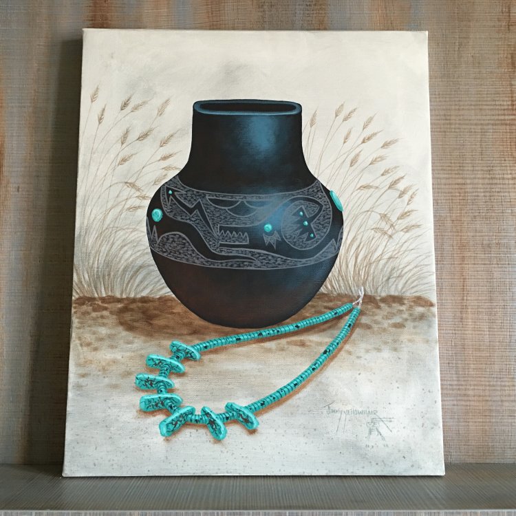 Large Native American Hopi Tribe Pottery and Turquoise Scene Canvas Painting with Wooden Frame