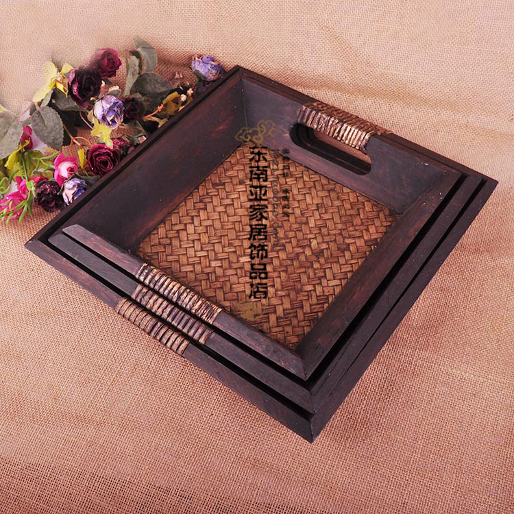 Thai craft gift pendulum decoration solid wood bamboo woven with special fruit tray Three sets of rattan bricked fruit tray wooden fruit tray