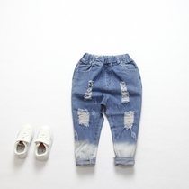 2021 Spring and autumn section Childrens Gradient Loose Jeans Boy Girl Middle Child Breaking Hole Denim Trousers Turtpants