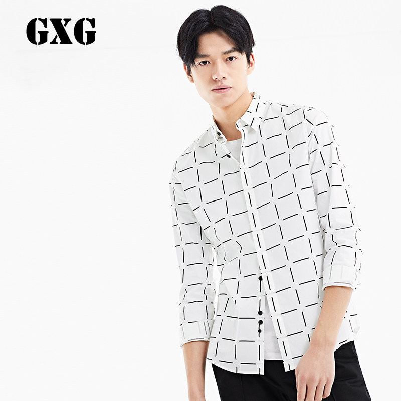 GXG男装 男士长袖衬衫 白色创新格纹长袖衬衫#54103365