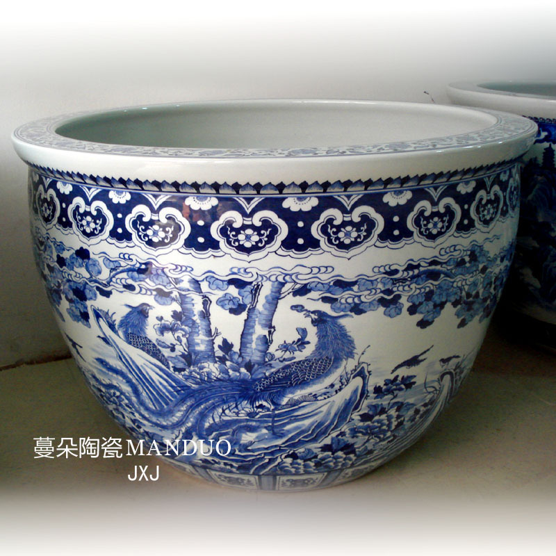 Jingdezhen hand - made double phoenix grain porcelain big cylinder 80-120 - cm diameter 60-85 cm tall cylinder cylinder