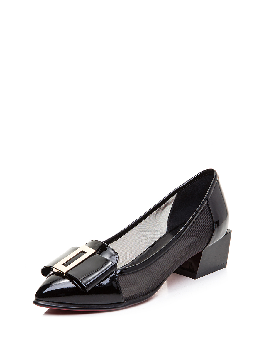 TRANOI 黑色网纱蝴蝶结饰尖头粗低跟鞋