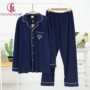 Fen Teng 2018 mùa xuân và mùa thu mới đồ ngủ cotton nam thiết lập dài tay đan bông màu xanh dịch vụ nhà đặc biệt giải phóng mặt bằng bộ ngủ nam