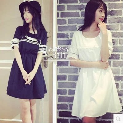 韩版新款气质学院风蕾丝花边拼接设计收腰修身显瘦连衣裙学生