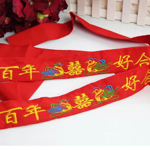 Wedding Red Belt Festive Items Embroidered Yuanyang Newcomer Newbie Belt Double canvas belt can put money 2 strips