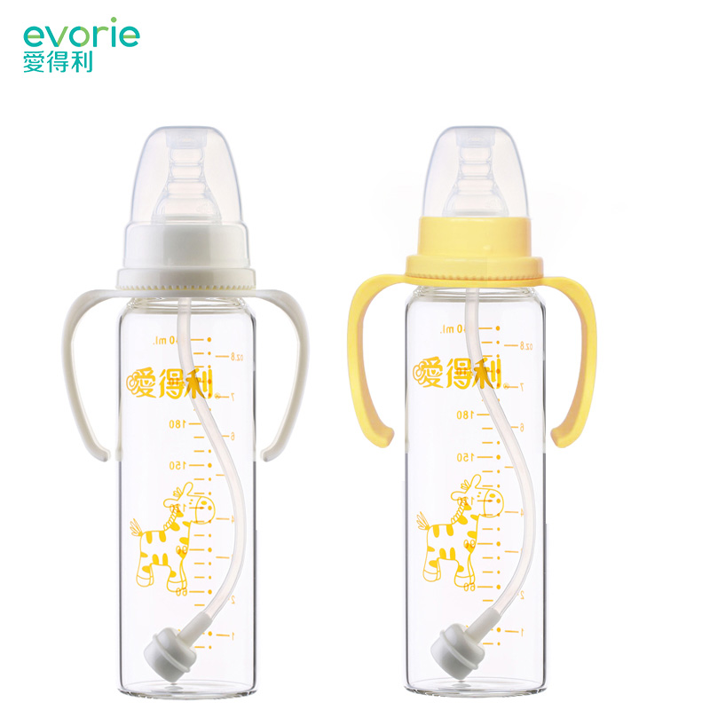 爱得利标准口玻璃奶瓶 婴儿带柄防呛自动晶钻玻璃奶瓶240ml A107