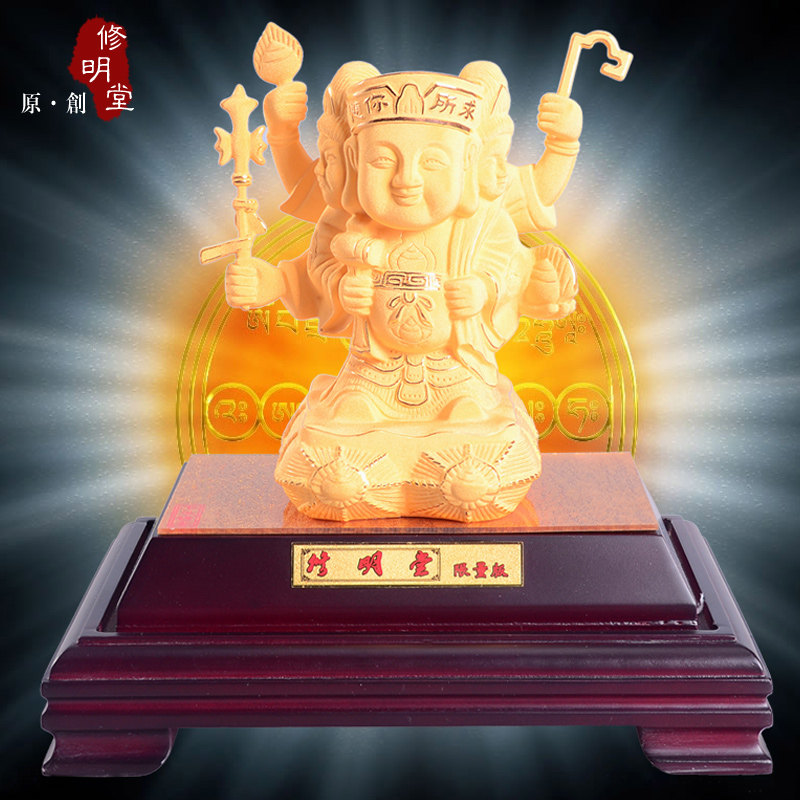 修明堂 开光千足绒沙金大黑天三面财神 李居明推荐密宗大黑天财神