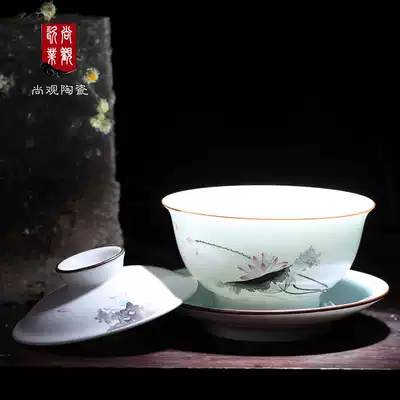 Shangguan Gaiwan large ceramic tea set Tea cup Tea bowl Jingdezhen hand-painted pastel fat white three-color bowl cup