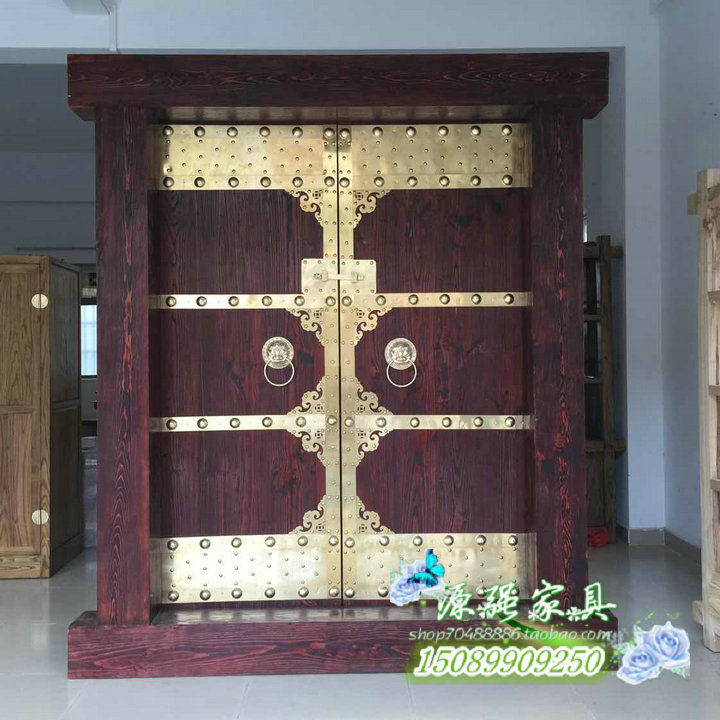 YQ179 solid wood gate Chinese style retro villa double door old elm wood imitation ancient courtyard flower pear tea building rural door