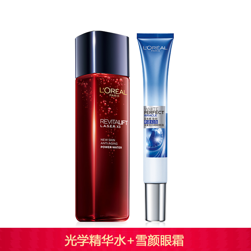 巴黎欧莱雅女士护肤化妆品套装 雪颜眼霜+复颜光学嫩肤焕活精华水