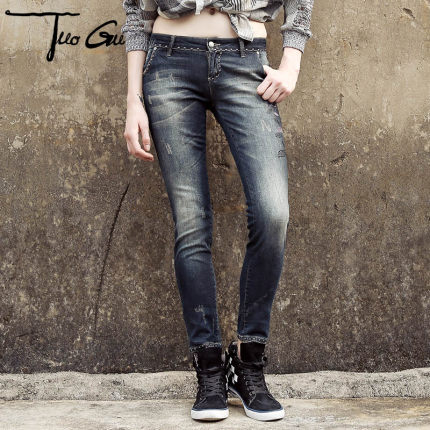 拓谷牛仔裤女2018春夏新款花朵刺绣纯棉低腰